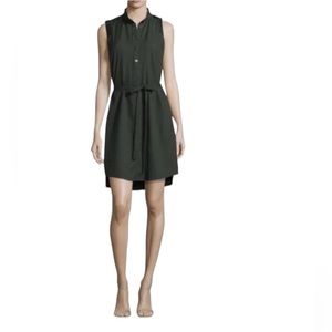 Parker Sleeveless Green Leather Trim Dress Mandarin Collar